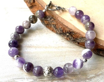 Purple Amethyst Beaded Bracelet, Silver Toggle Clasp, February Birthstone, Dogtooth Amethyst Round Gemstone Beads,