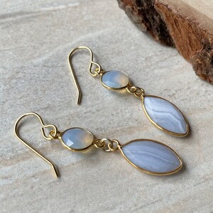 Fancy Blue Lace Agate Marquis Earrings Gold Plated Dangle Earrings image 3