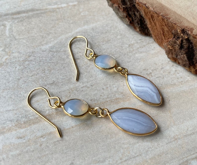 Fancy Blue Lace Agate Marquis Earrings Gold Plated Dangle Earrings image 3