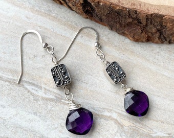 Purple Amethyst Quartz Earrings Bali Sterling Silver Faceted Earrings February Birthstone Gift for Her