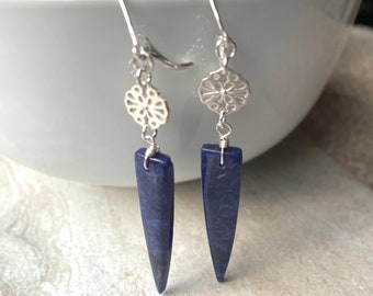 Long Sodalite Dagger Earrings Dark Blue and Silver Spike Spear Earrings Sterling Silver Lever Back