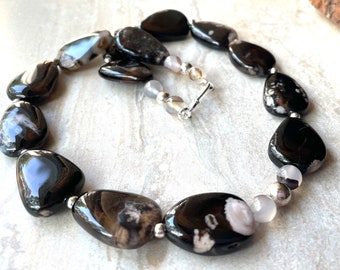 Natural AA Black Flower Blossom Agate Necklace, Boho Fashion Necklace, Sterling Silver Accents