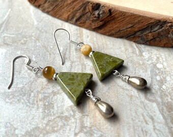 Unakite Tiger Eye Earrings, Pyrite Teardrops, Green "kite" Earrings