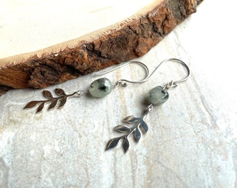 Prehnite Leaf Earrings, Green and Silver, Shiny Dangle Earrings