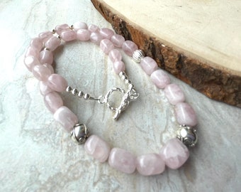 Rose Quartz Beaded Necklace, Sterling Silver and Pink Gemstones, Chunky Fashion Necklace, One of a Kind Gift for Her