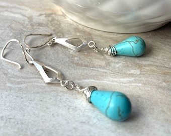 Long Turquoise Howlite and Sterling Silver Earrings, Southwestern Style Gemstone Earrings