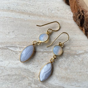 Fancy Blue Lace Agate Marquis Earrings Gold Plated Dangle Earrings image 5