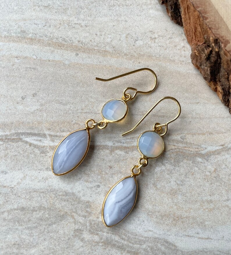 Fancy Blue Lace Agate Marquis Earrings Gold Plated Dangle Earrings image 5