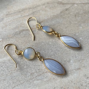 Fancy Blue Lace Agate Marquis Earrings Gold Plated Dangle Earrings image 1