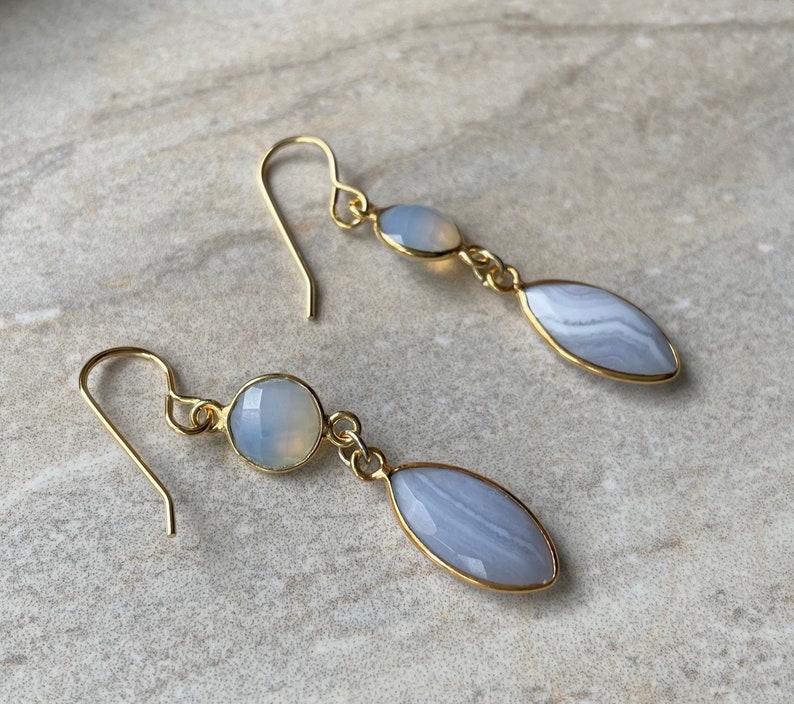 Fancy Blue Lace Agate Marquis Earrings Gold Plated Dangle Earrings image 1