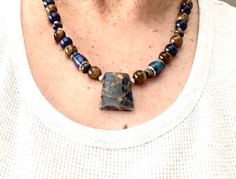 Lapis and Tiger Eye Necklace Earrings Set Jasper Cloisonné Trapezoid Pendant Toggle Clasp Matching Jewelry image 9