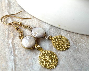 Gold Coin Pearl Snowflake Earrings Freshwater Pearl Gold Plated