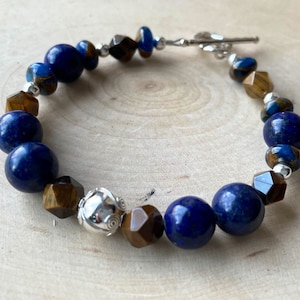 Lapis and Tiger Eye Bracelet Blue Gemstone and Sterling Silver Toggle Clasp Jasper Cloisonné image 1