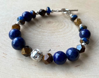 Lapis and Tiger Eye Bracelet Blue Gemstone and Sterling Silver Toggle Clasp Jasper Cloisonné