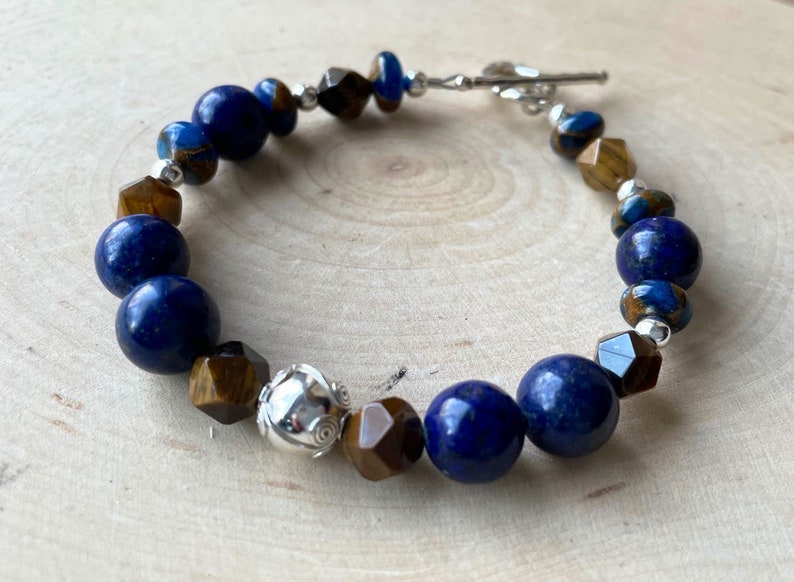 Lapis and Tiger Eye Bracelet Blue Gemstone and Sterling Silver Toggle Clasp Jasper Cloisonné image 1