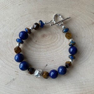 Lapis and Tiger Eye Bracelet Blue Gemstone and Sterling Silver Toggle Clasp Jasper Cloisonné image 4