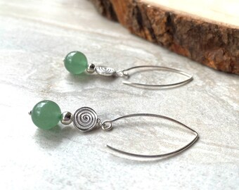 Long Green Aventurine Earrings, Sterling Silver Round Gemstone Ball Earrings, Minimalist