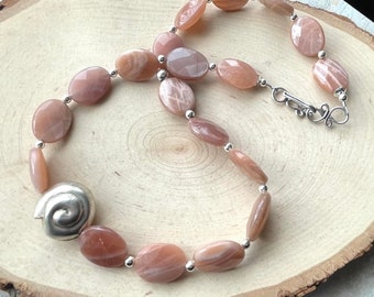 Peach Moonstone Sterling Silver Necklace Oval Gemstone Nautilus Necklace