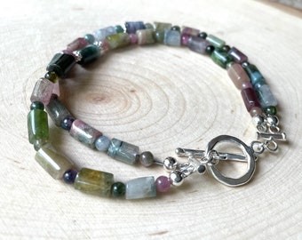 Natural Watermelon Tourmaline Double Strand Bracelet Pink Green Tourmaline Tubes Toggle Clasp