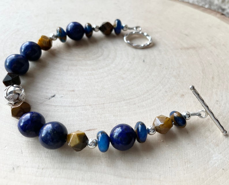 Lapis and Tiger Eye Bracelet Blue Gemstone and Sterling Silver Toggle Clasp Jasper Cloisonné image 8