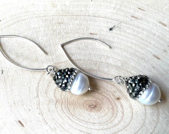 Natural Cultured Freshwater Pearl Earrings Rhinestone Cap Teardrops Sterling Silver Bride Wedding Earrings