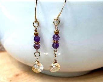 Purple Amethyst and Citrine Dangle Earrings, Gold Fill Ear Wires, February Birthstone Jewelry