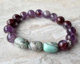 Chunky Purple Phantom Quartz and Agate Bracelet Bold Boho Stretch Bracelet