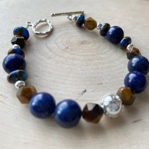 Lapis and Tiger Eye Bracelet Blue Gemstone and Sterling Silver Toggle Clasp Jasper Cloisonné image 3