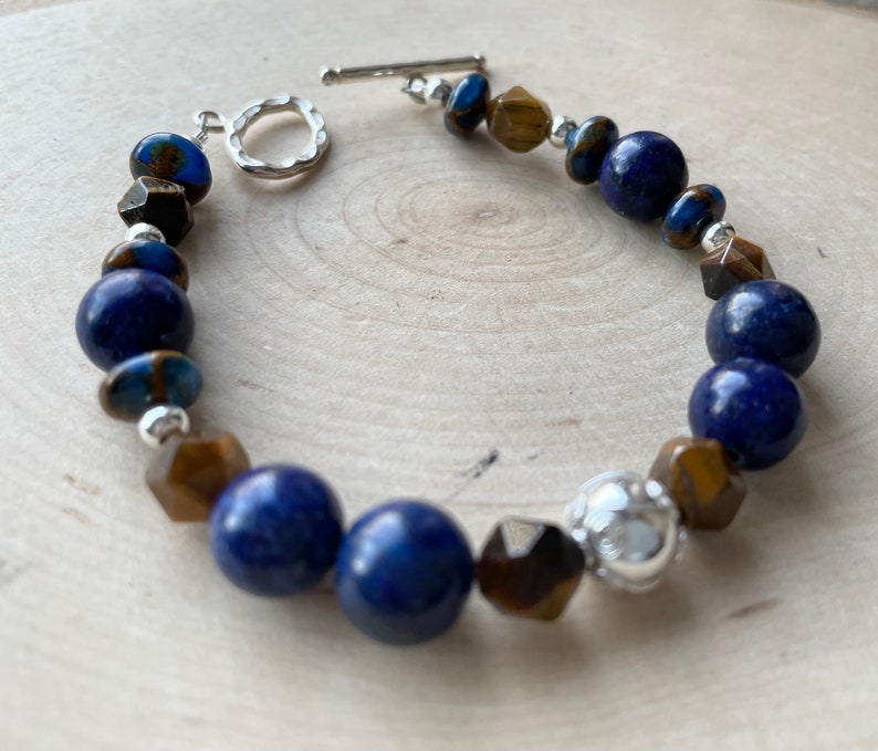 Lapis and Tiger Eye Bracelet Blue Gemstone and Sterling Silver Toggle Clasp Jasper Cloisonné image 3