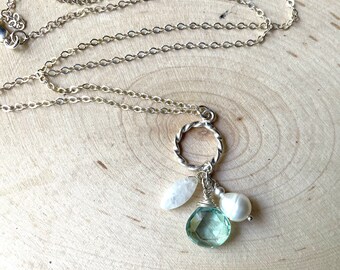 Seafoam Quartz Pearl and Moonstone Pendant Beach Inspired Necklace Nautical Gemstones on Sterling Silver Chain