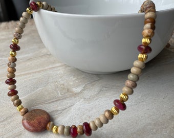 Indian Agate Beaded Necklace , Jasper Circle Pendant