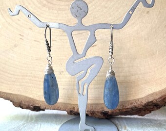 Long Blue Kyanite Sterling Silver Earrings, Raw Gemstone Dangle Earrings, Minimalist