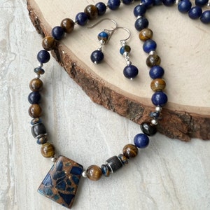 Lapis and Tiger Eye Necklace Earrings Set Jasper Cloisonné Trapezoid Pendant Toggle Clasp Matching Jewelry image 6