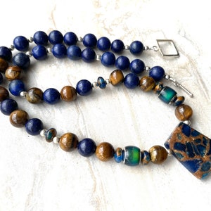 Lapis and Tiger Eye Necklace Earrings Set Jasper Cloisonné Trapezoid Pendant Toggle Clasp Matching Jewelry image 2