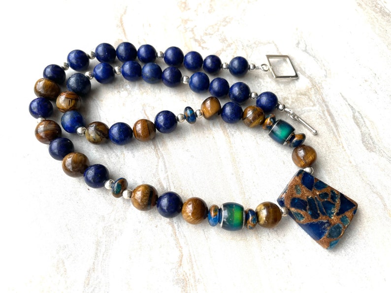 Lapis and Tiger Eye Necklace Earrings Set Jasper Cloisonné Trapezoid Pendant Toggle Clasp Matching Jewelry image 2