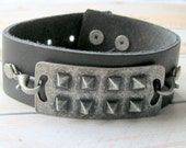 Mens Black Leather Bracelet - Adjustable Cuff Bracelet - Antique Silver Spikes - Goth Unisex Bracelet
