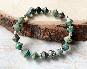 African Turquoise Stretch Bracelet Green Bicone Gemstones Sterling Silver