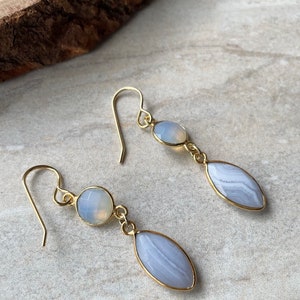 Fancy Blue Lace Agate Marquis Earrings Gold Plated Dangle Earrings image 4