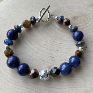 Lapis and Tiger Eye Bracelet Blue Gemstone and Sterling Silver Toggle Clasp Jasper Cloisonné image 2