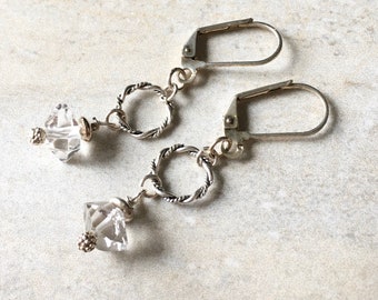 Genuine Herkimer Diamond Hoop Earrings, Dainty Sterling Silver Braided Hoops, Lever Back