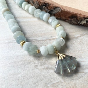 Aquamarine Gold Beaded Necklace Labradorite Fan Pendant Gemstone Statement Necklace image 2