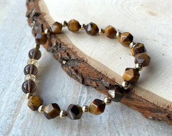 Unisex Tiger Eye Sterling Silver Stretch Bracelet, Brown Stackable Gemstone Bracelet