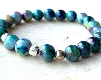 Chrysocolla and Sterling Silver Stretch Bracelet, Blue Green Stackable Gemstone Bracelet