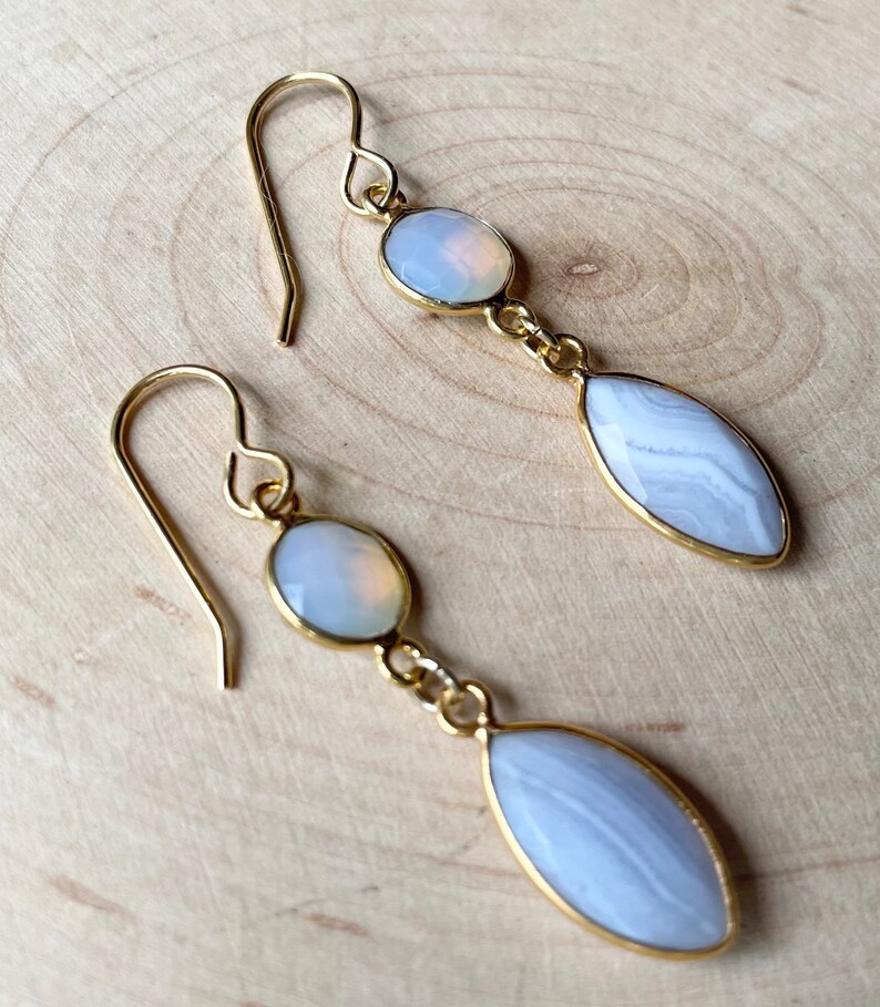 Fancy Blue Lace Agate Marquis Earrings Gold Plated Dangle Earrings image 2