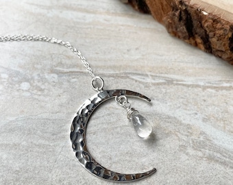 Crescent Moon Pendant Rainbow Moonstone Necklace on Sterling Silver Chain