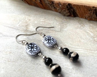 Black and White Onyx Earrings Sterling Silver and Banded Agate Floral Earrings