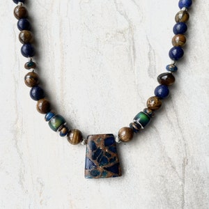 Lapis and Tiger Eye Necklace Earrings Set Jasper Cloisonné Trapezoid Pendant Toggle Clasp Matching Jewelry image 8