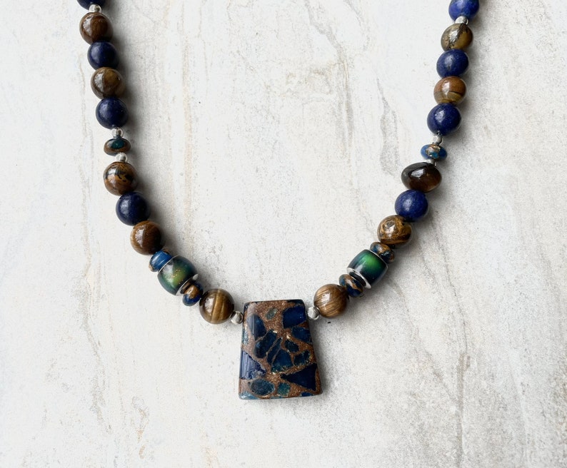 Lapis and Tiger Eye Necklace Earrings Set Jasper Cloisonné Trapezoid Pendant Toggle Clasp Matching Jewelry image 8