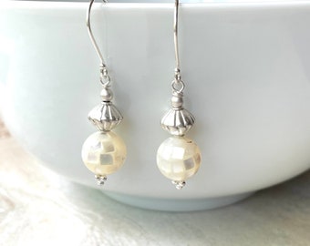 Mother of Pearl and Sterling Silver Boho Style Earrings, Off White Wedding Bridal Earrings