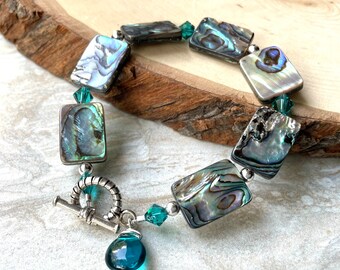 Abalone Sterling Silver Bracelet with Teal Quartz and Swarovski Crystals Toggle Clasp